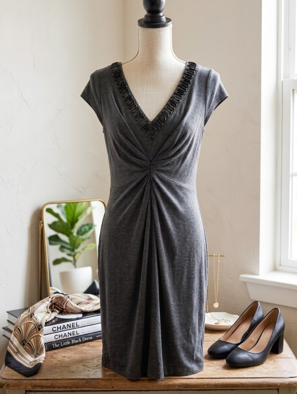 Grey Embellished Beaded V-Neck Ruched Stretch Jersey Midi Dress Workwear Size 10